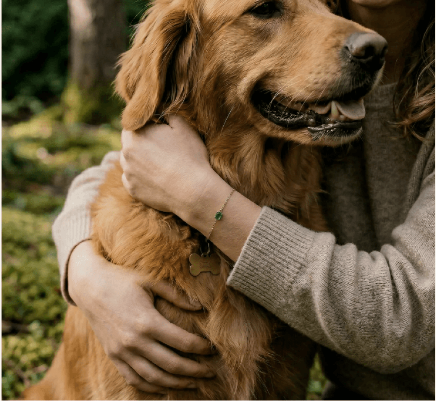 A person embracing their golden retriever outdoors
