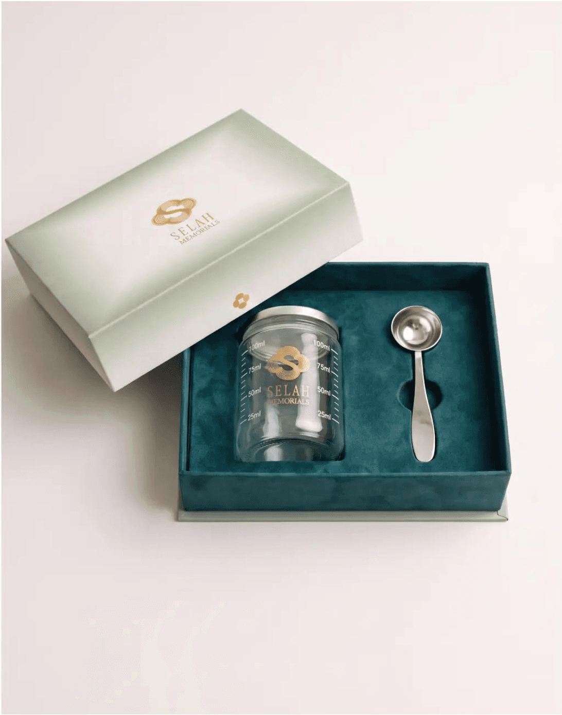 The Selah Kit box, open, with glass vial and scoop