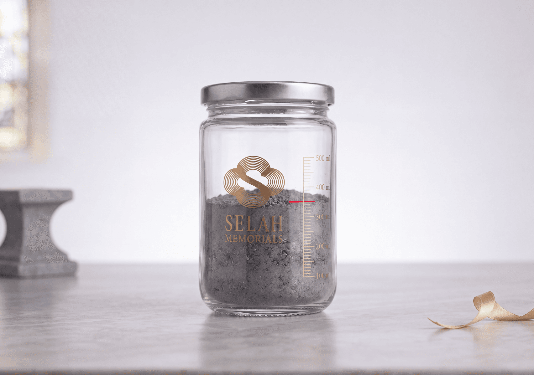 The sealed glass vial, filled to the marked line
