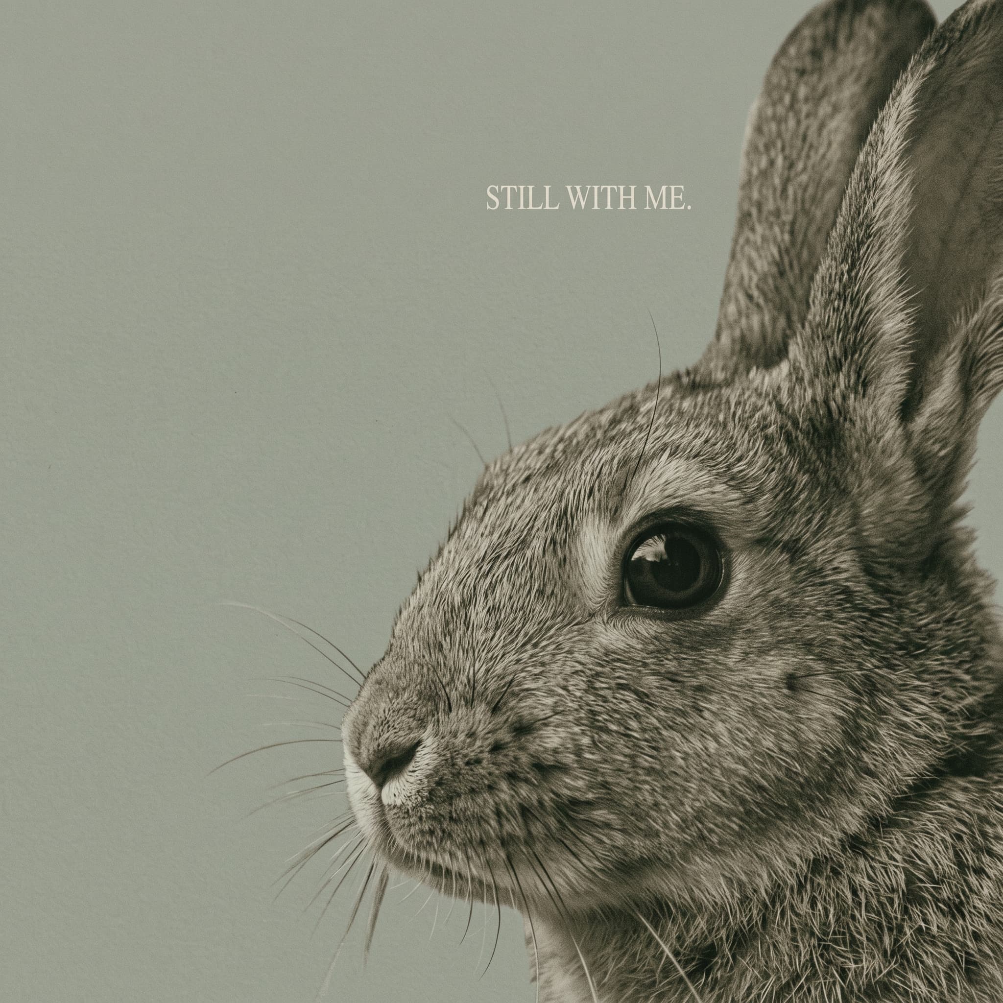 A rabbit in soft profile beside the words “Still with me.”